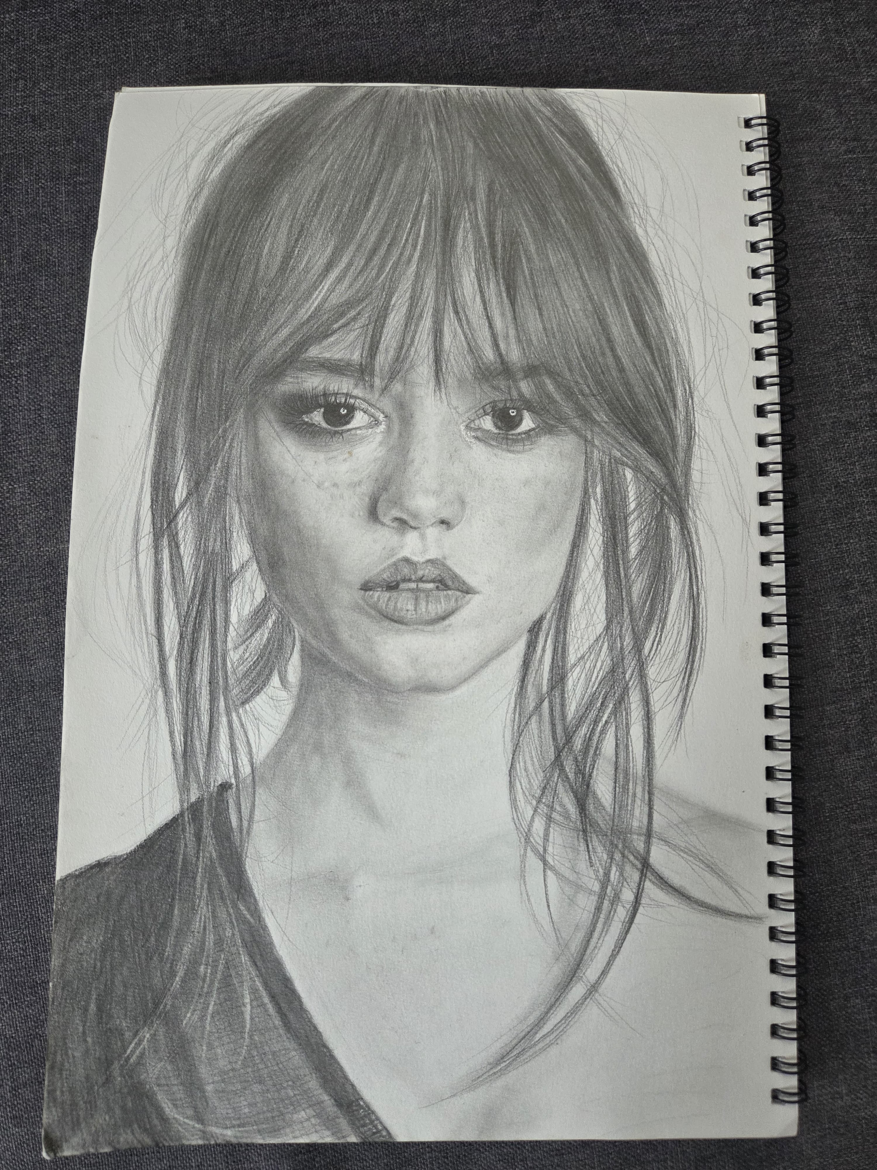 Portrait of Jenna Ortega, graphite on white paper