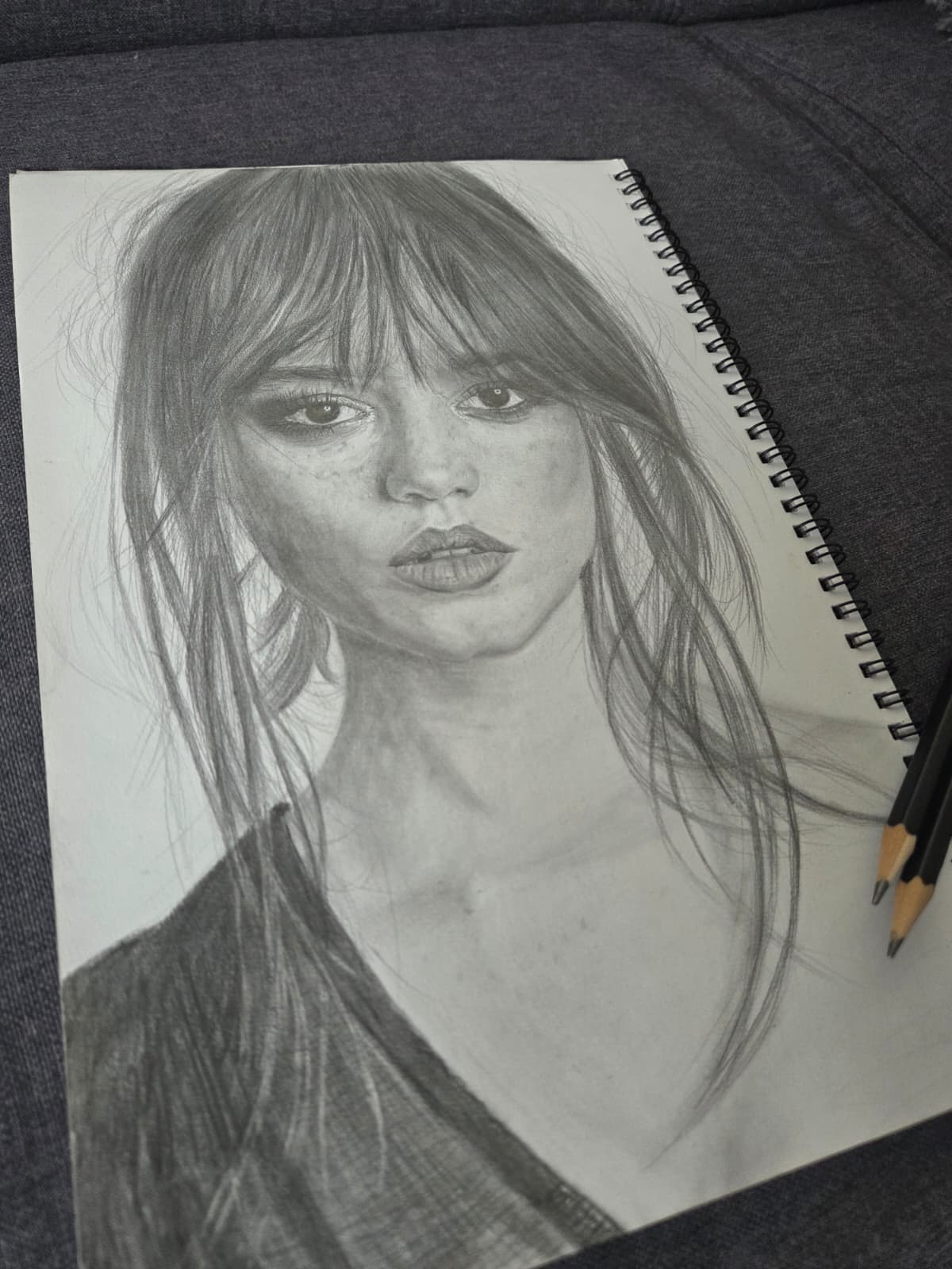 Portrait of Jenna Ortega, graphite on white paper