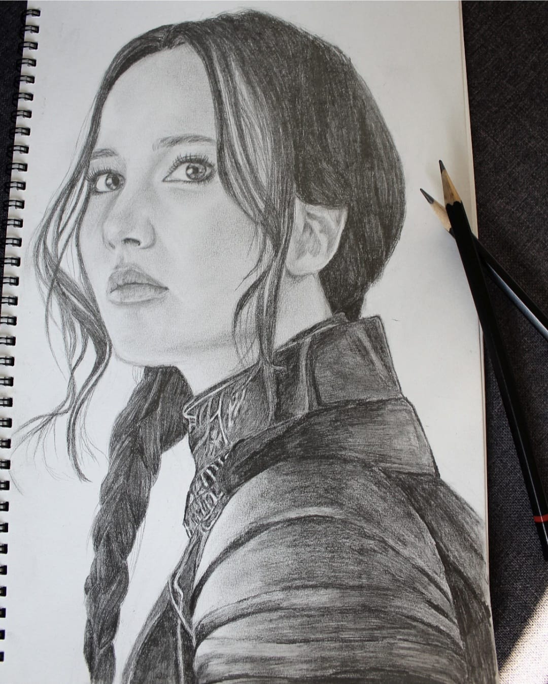 Portrait of Katniss Everdeen (Jennifer Lawrence), graphite on white paper